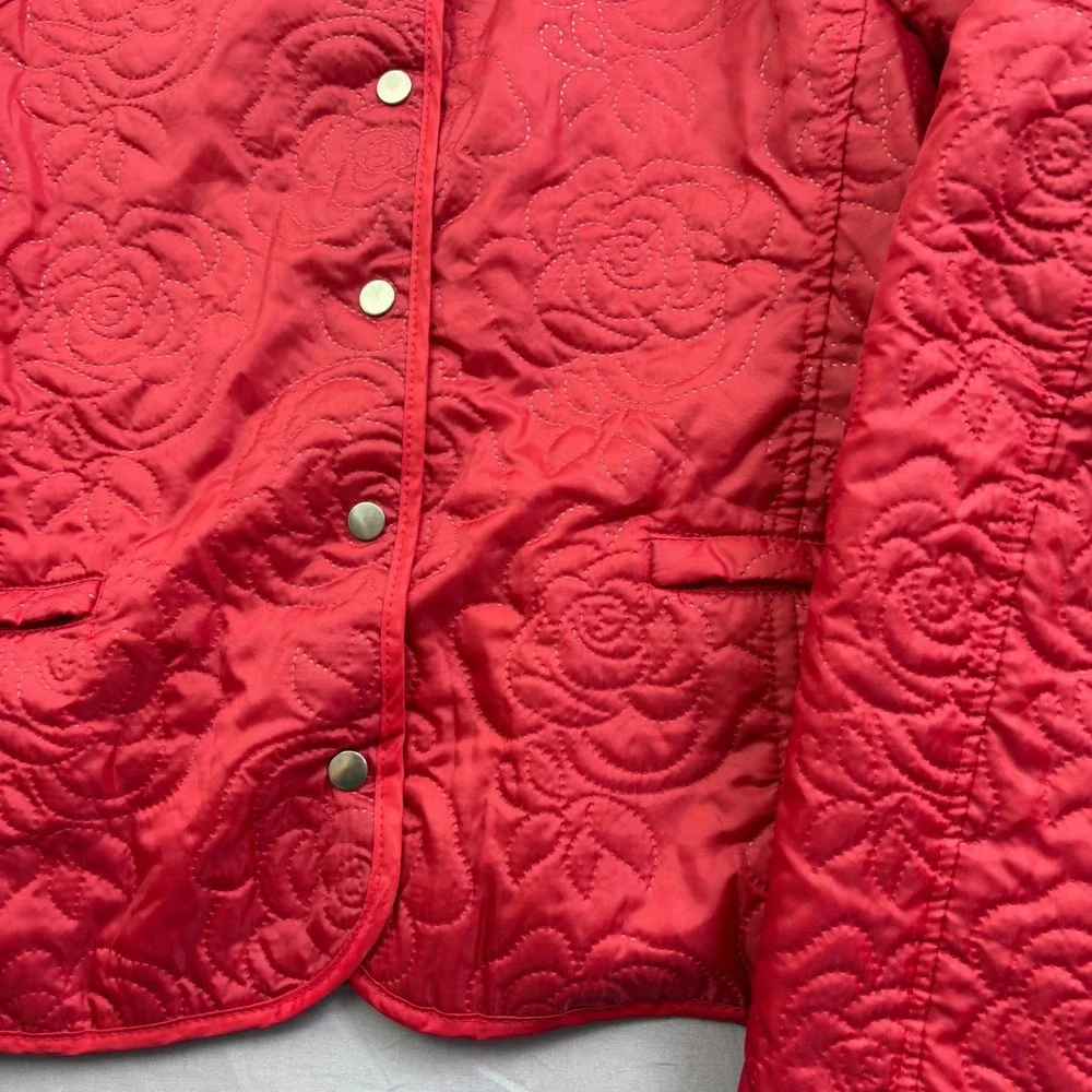 JG Hook Red Rose Floral Quilted Jacket Women XL Snap Front Peter Pan Collar Coat